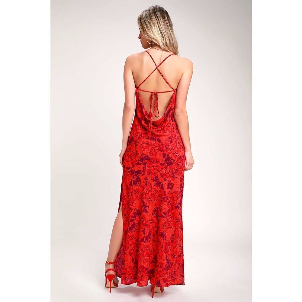 Lulu’s Sunset the Mood Red Multi Floral Print Lace-Up Maxi Dress Small #767 - Picture 3 of 11